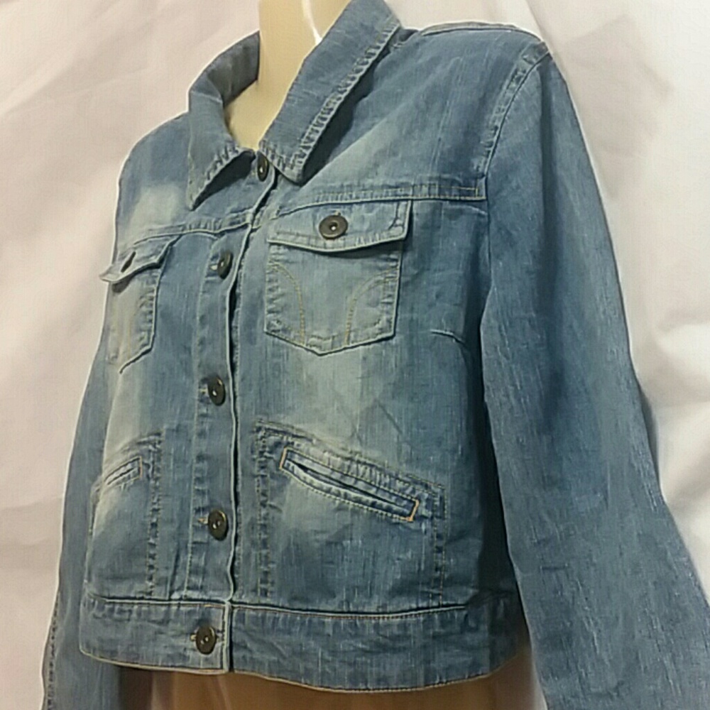 Taxi Womens Large Blue Jean Jacket Y2K Cropped Stretch Denim Boho - Picture 3 of 5